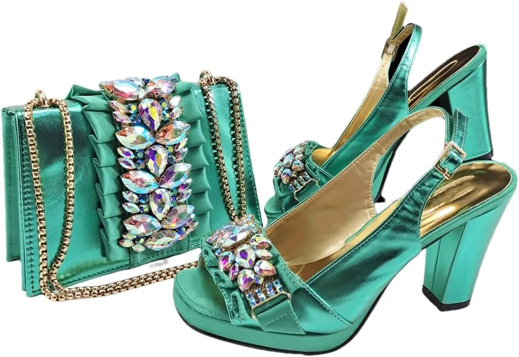 Women’S Gold Rhinestone High Heels and Matching Bag Set with Square Heel for Elegant Parties