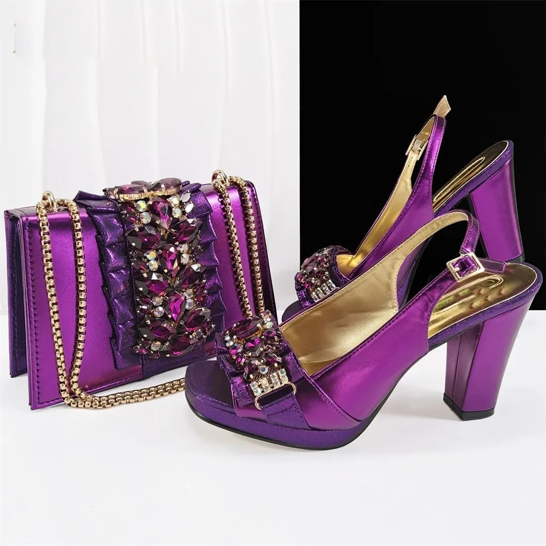Women’S Gold Rhinestone High Heels and Matching Bag Set with Square Heel for Elegant Parties