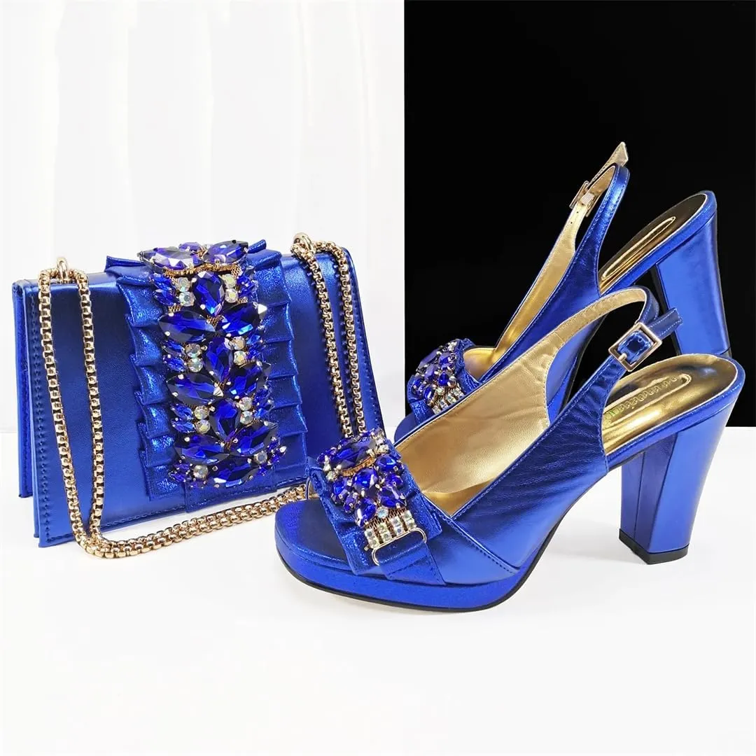 Women’S Gold Rhinestone High Heels and Matching Bag Set with Square Heel for Elegant Parties