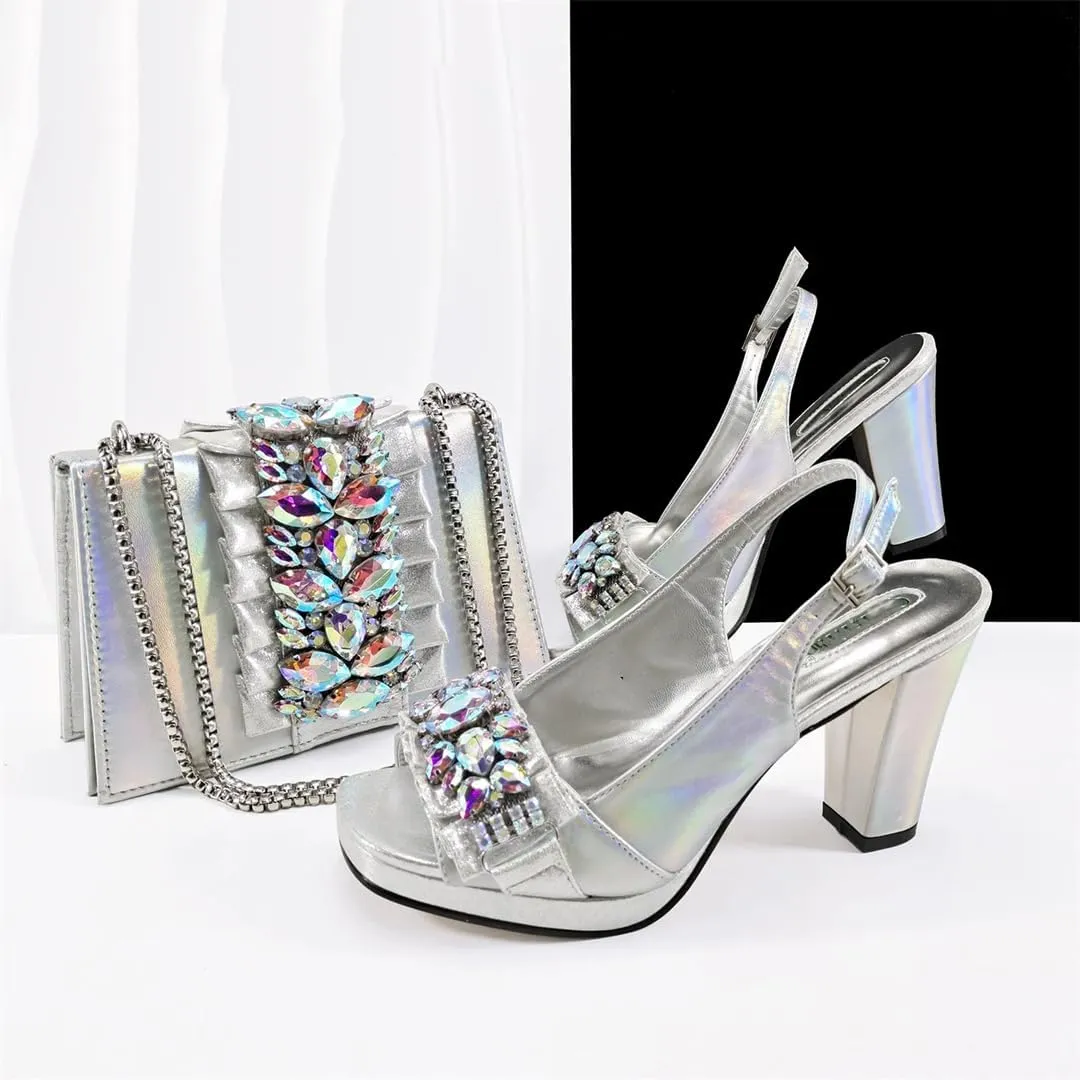 Women’S Gold Rhinestone High Heels and Matching Bag Set with Square Heel for Elegant Parties