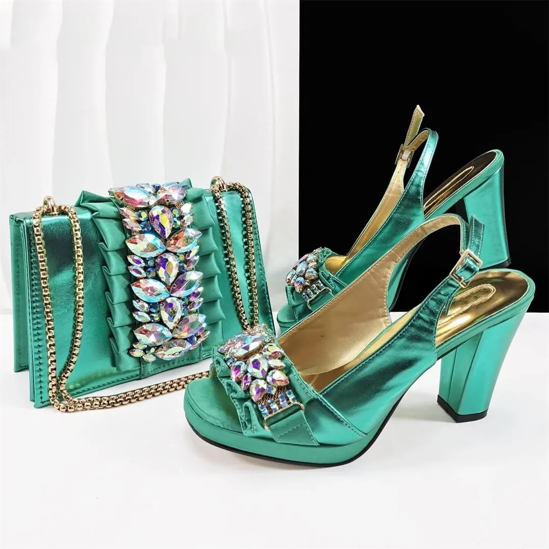 Women’S Gold Rhinestone High Heels and Matching Bag Set with Square Heel for Elegant Parties