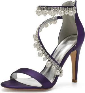 Women's High Heel Sandals Open Toe Ankle Strap Satin Crystal Wedding Shoes for Bride Formal Prom Party Dress Shoes Pump Sandals