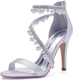 Women's High Heel Sandals Open Toe Ankle Strap Satin Crystal Wedding Shoes for Bride Formal Prom Party Dress Shoes Pump Sandals