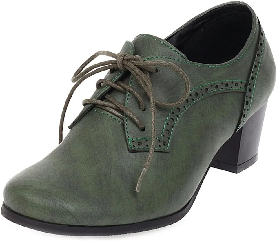 Women's Lace Up Wingtip Oxfords Pumps Block Mid Heel Round Toe Perforated Vintage Brogues Dress Shoes