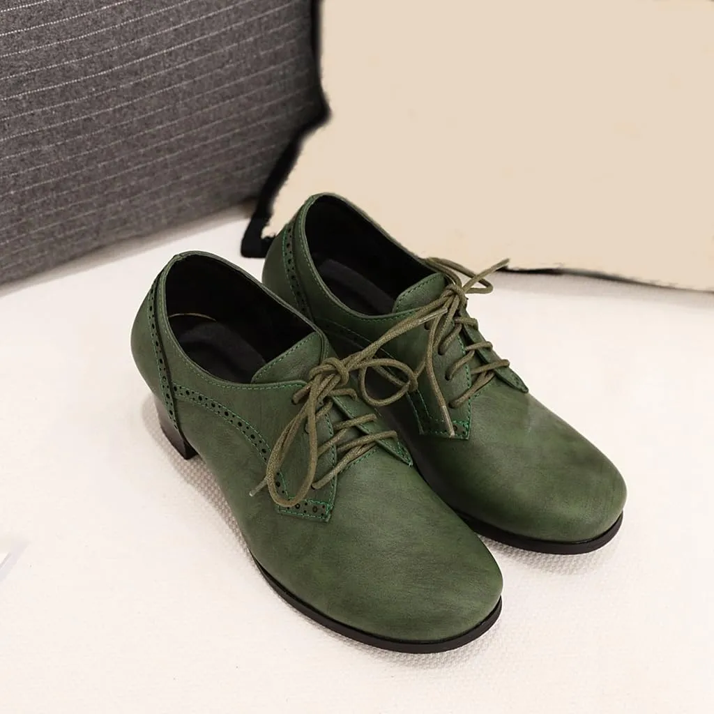 Women's Lace Up Wingtip Oxfords Pumps Block Mid Heel Round Toe Perforated Vintage Brogues Dress Shoes