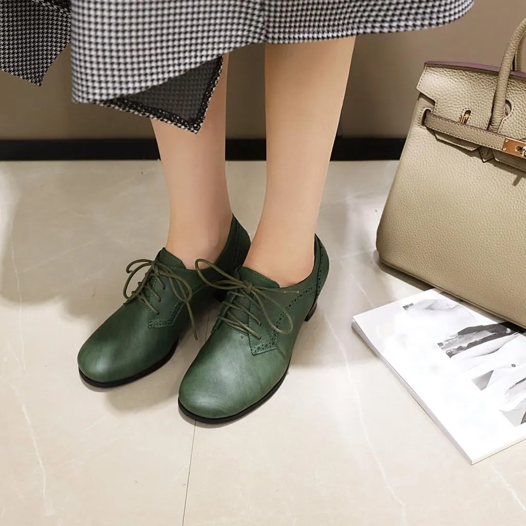 Women's Lace Up Wingtip Oxfords Pumps Block Mid Heel Round Toe Perforated Vintage Brogues Dress Shoes