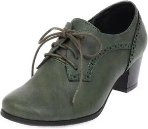 Women's Lace Up Wingtip Oxfords Pumps Block Mid Heel Round Toe Perforated Vintage Brogues Dress Shoes