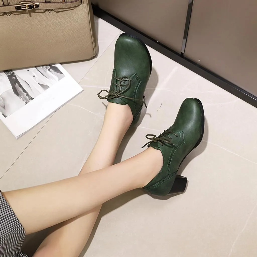 Women's Lace Up Wingtip Oxfords Pumps Block Mid Heel Round Toe Perforated Vintage Brogues Dress Shoes