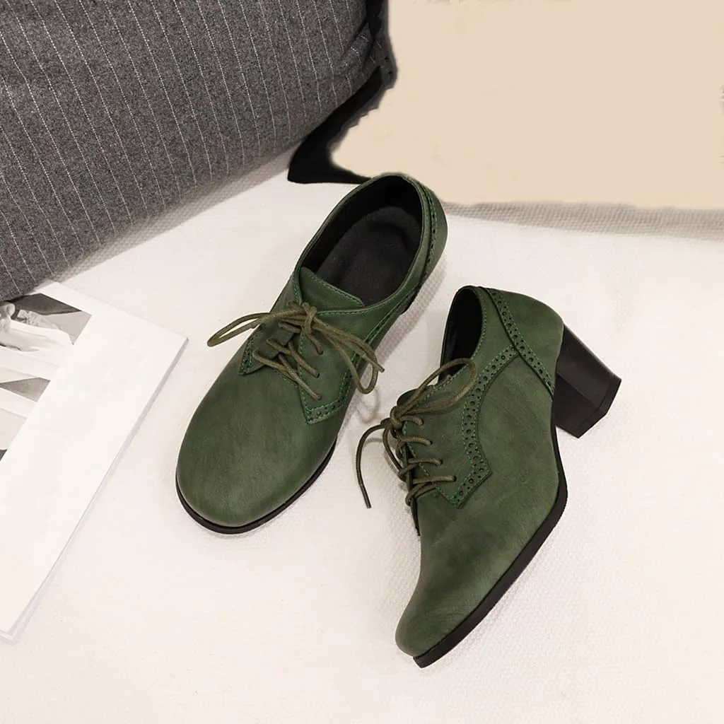 Women's Lace Up Wingtip Oxfords Pumps Block Mid Heel Round Toe Perforated Vintage Brogues Dress Shoes