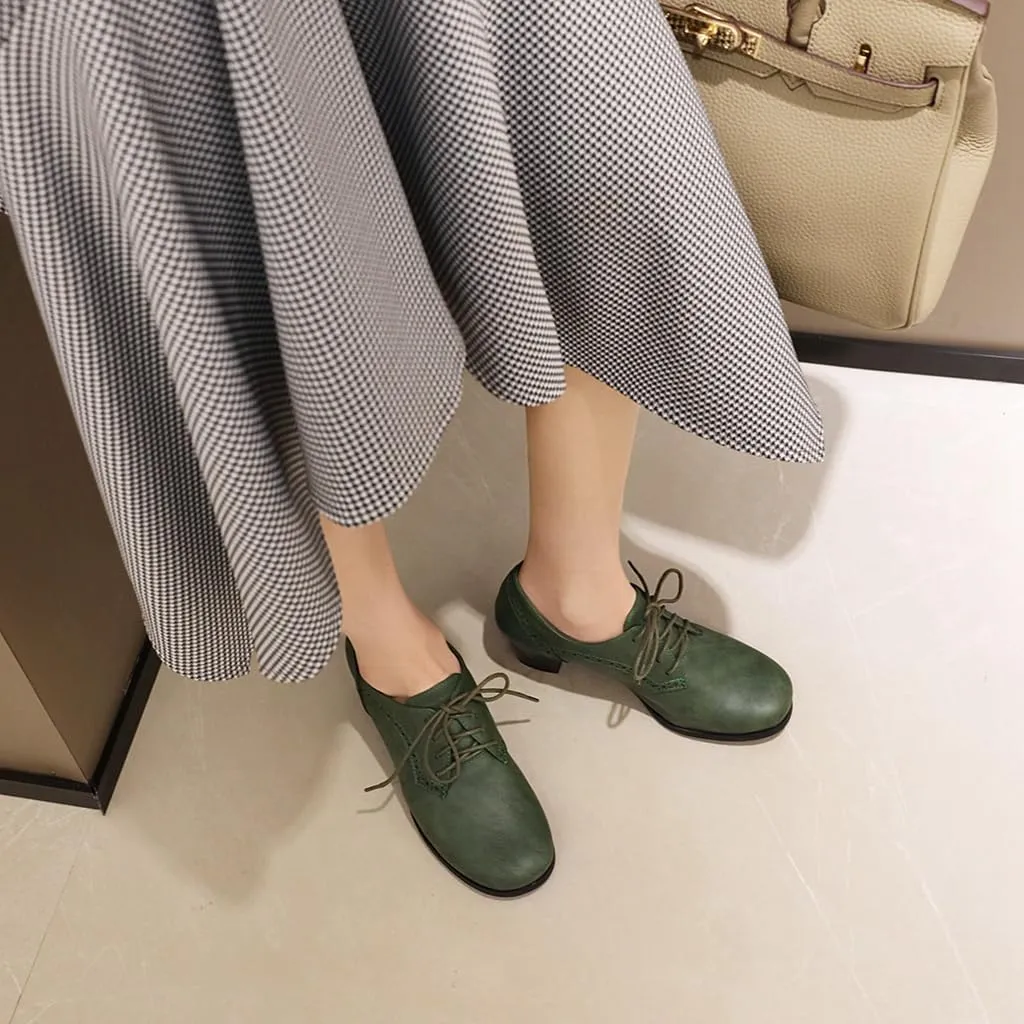 Women's Lace Up Wingtip Oxfords Pumps Block Mid Heel Round Toe Perforated Vintage Brogues Dress Shoes