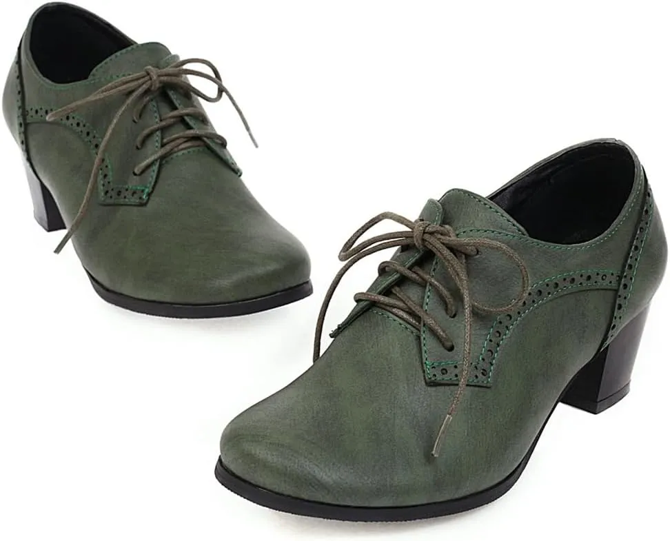 Women's Lace Up Wingtip Oxfords Pumps Block Mid Heel Round Toe Perforated Vintage Brogues Dress Shoes