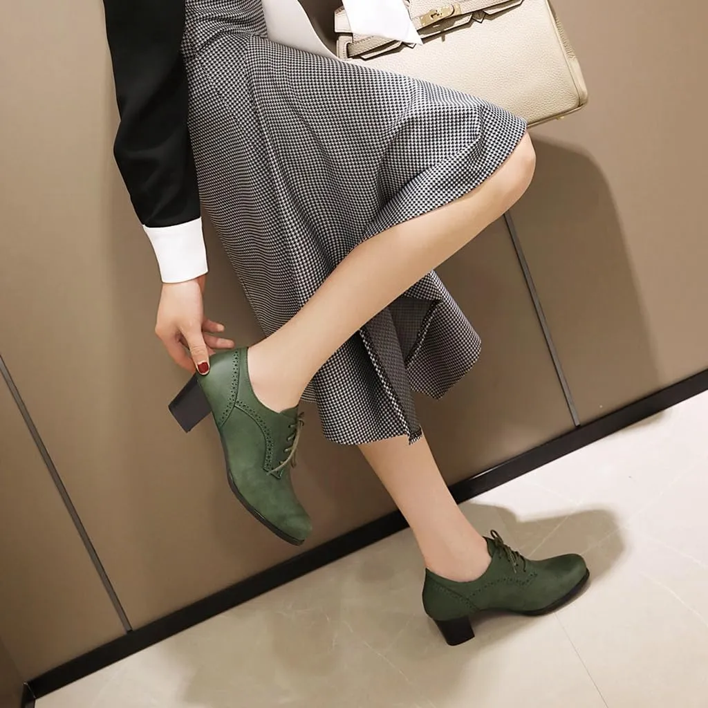 Women's Lace Up Wingtip Oxfords Pumps Block Mid Heel Round Toe Perforated Vintage Brogues Dress Shoes
