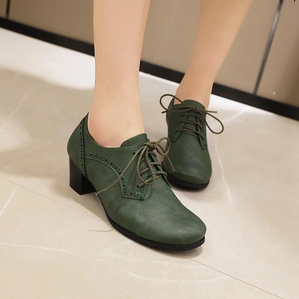 Women's Lace Up Wingtip Oxfords Pumps Block Mid Heel Round Toe Perforated Vintage Brogues Dress Shoes