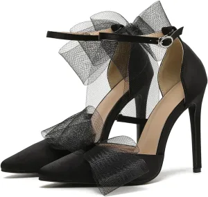 Women's Mesh Bow Tie Heels Ankle Strap Bow Satin Stiletto Pumps Closed Toe Pointed Toe Slingback High Heels Elegant Versatile Wedding Bridal Party Dress Shoes