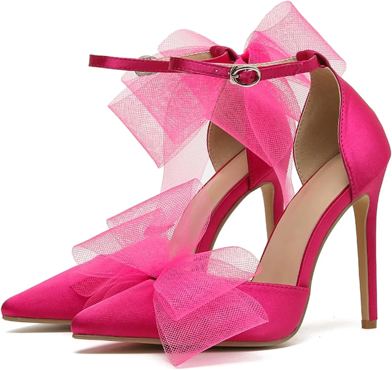Women's Mesh Bow Tie Heels Ankle Strap Bow Satin Stiletto Pumps Closed Toe Pointed Toe Slingback High Heels Elegant Versatile Wedding Bridal Party Dress Shoes