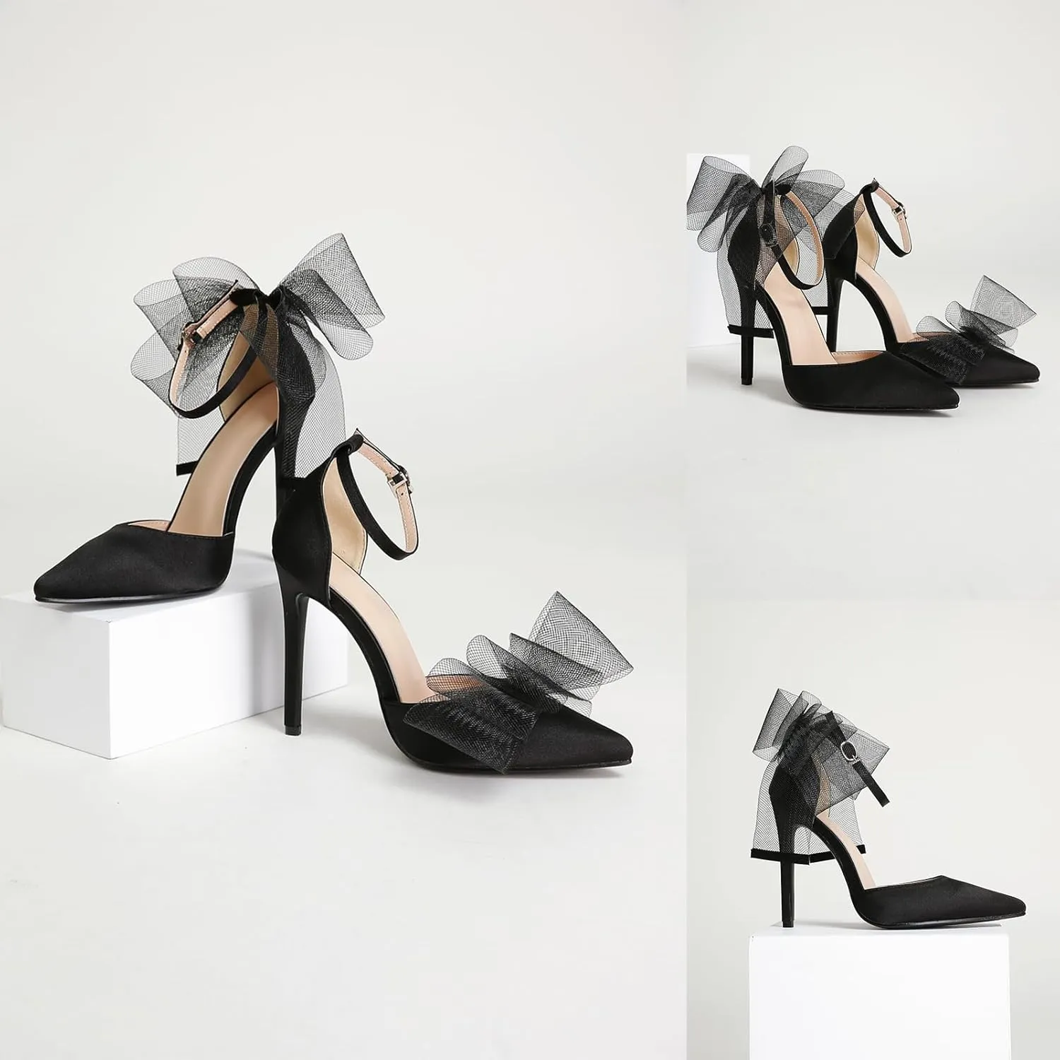 Women's Mesh Bow Tie Heels Ankle Strap Bow Satin Stiletto Pumps Closed Toe Pointed Toe Slingback High Heels Elegant Versatile Wedding Bridal Party Dress Shoes