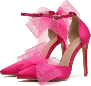 Women's Mesh Bow Tie Heels Ankle Strap Bow Satin Stiletto Pumps Closed Toe Pointed Toe Slingback High Heels Elegant Versatile Wedding Bridal Party Dress Shoes