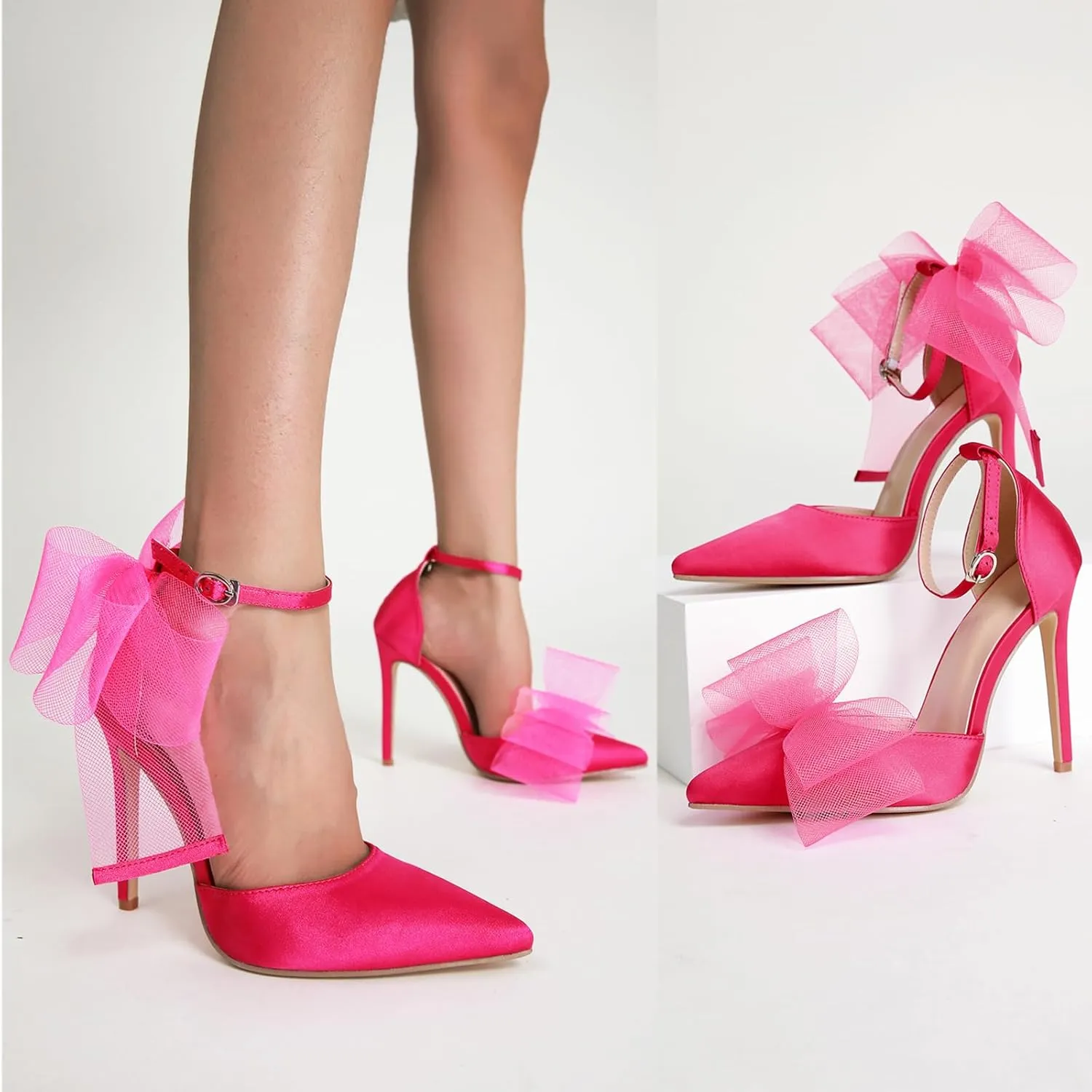 Women's Mesh Bow Tie Heels Ankle Strap Bow Satin Stiletto Pumps Closed Toe Pointed Toe Slingback High Heels Elegant Versatile Wedding Bridal Party Dress Shoes