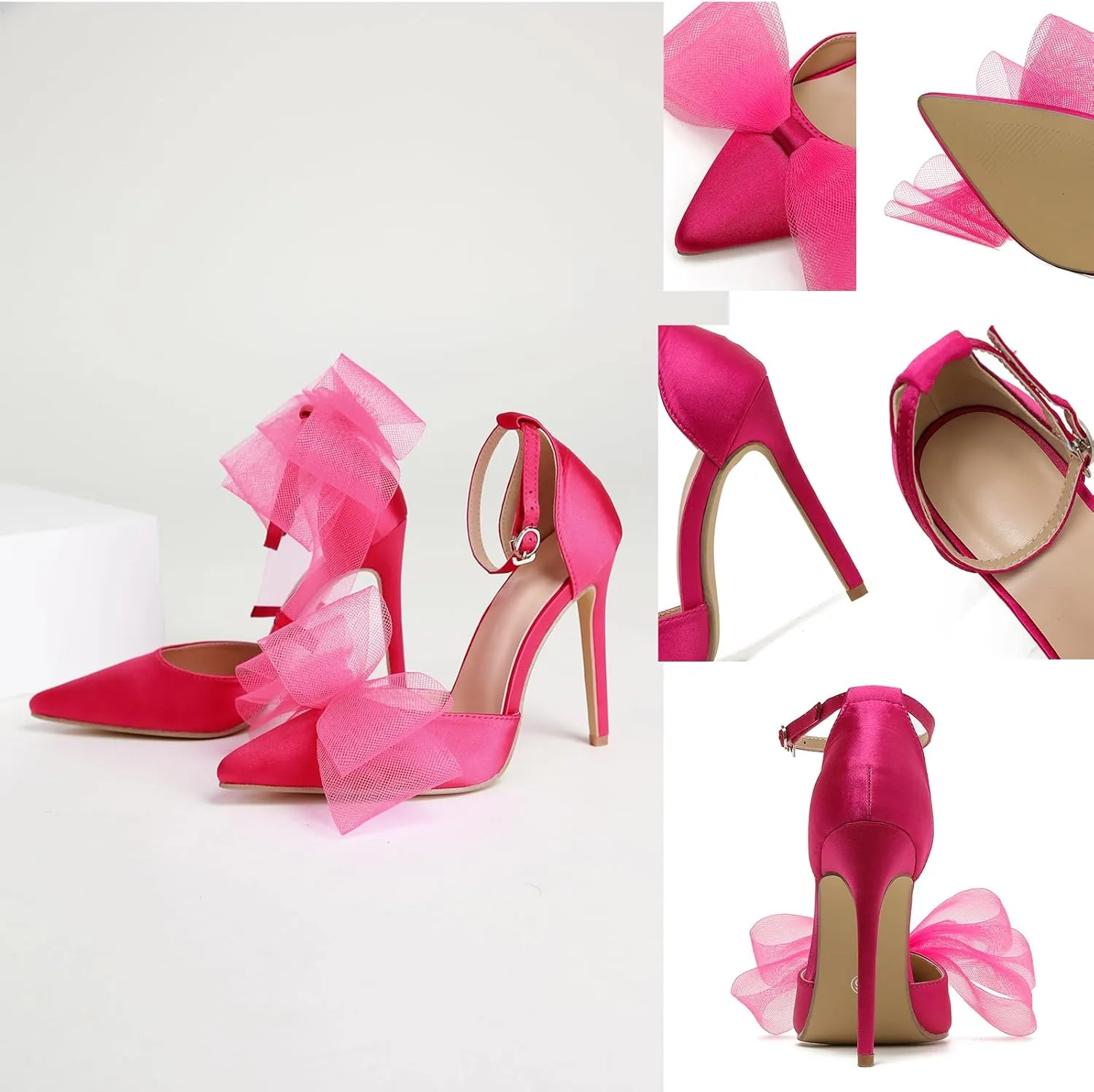 Women's Mesh Bow Tie Heels Ankle Strap Bow Satin Stiletto Pumps Closed Toe Pointed Toe Slingback High Heels Elegant Versatile Wedding Bridal Party Dress Shoes