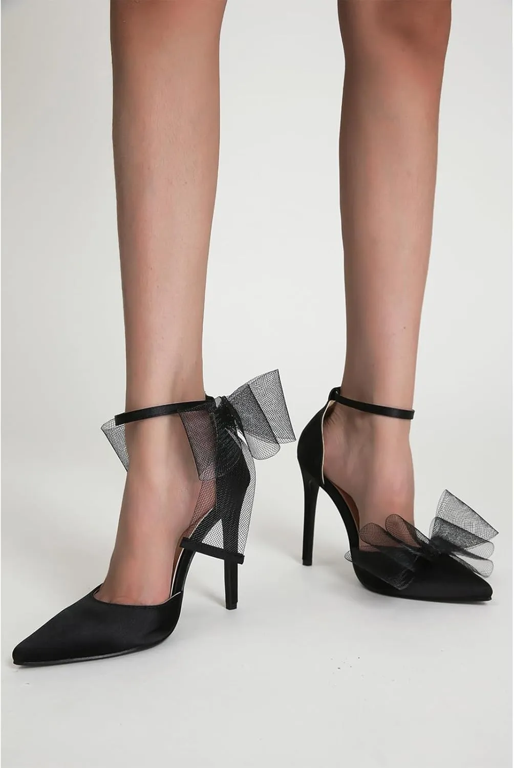 Women's Mesh Bow Tie Heels Ankle Strap Bow Satin Stiletto Pumps Closed Toe Pointed Toe Slingback High Heels Elegant Versatile Wedding Bridal Party Dress Shoes
