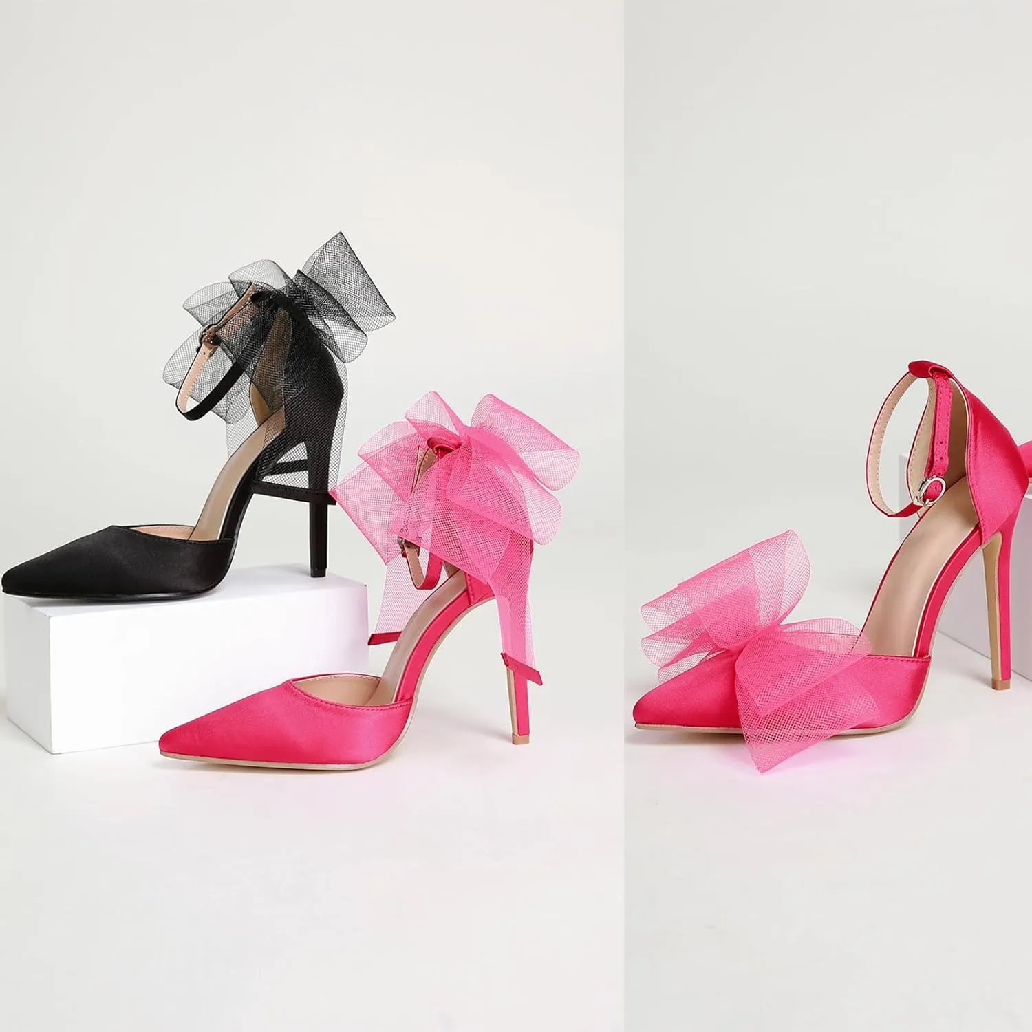 Women's Mesh Bow Tie Heels Ankle Strap Bow Satin Stiletto Pumps Closed Toe Pointed Toe Slingback High Heels Elegant Versatile Wedding Bridal Party Dress Shoes