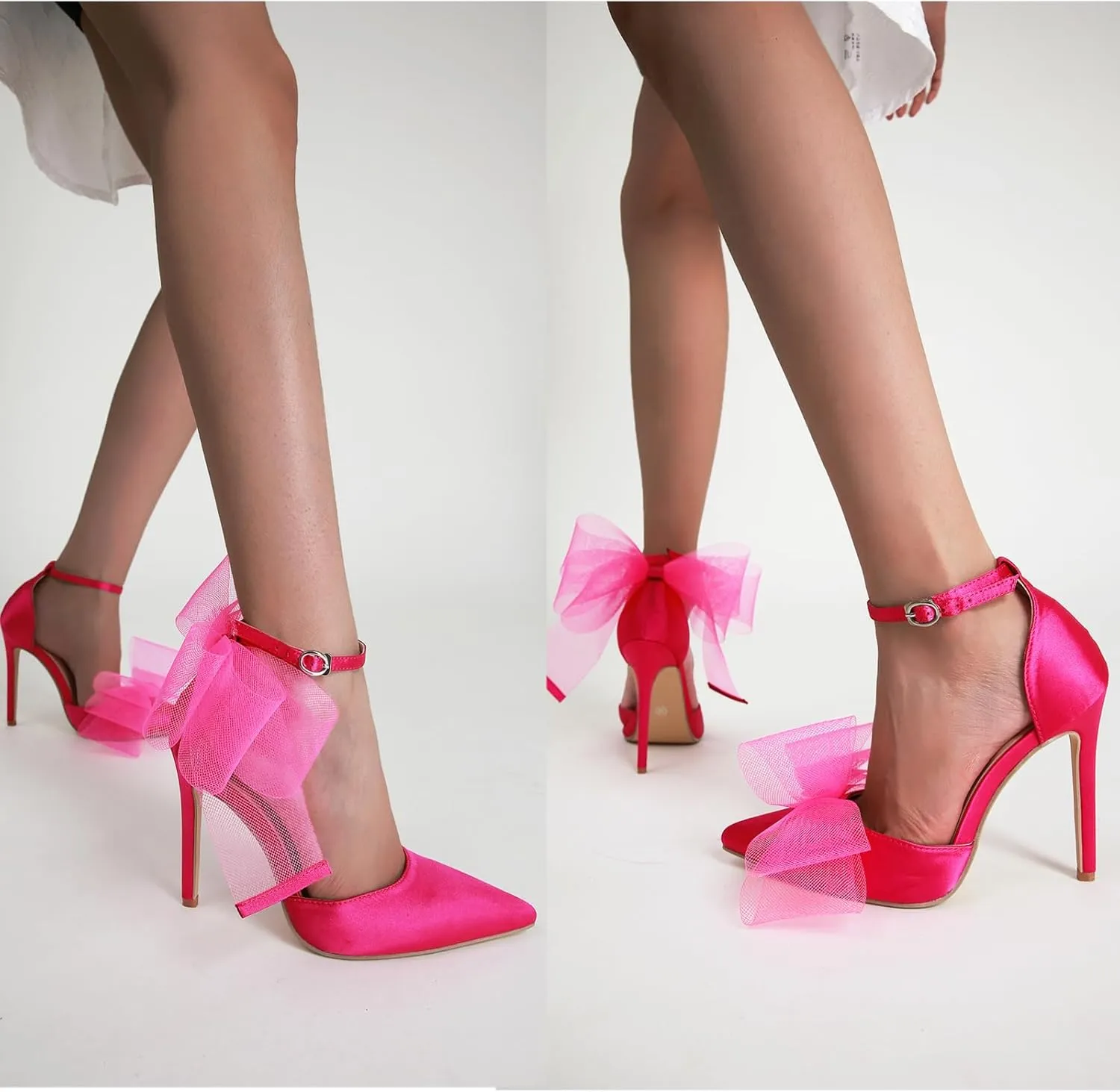 Women's Mesh Bow Tie Heels Ankle Strap Bow Satin Stiletto Pumps Closed Toe Pointed Toe Slingback High Heels Elegant Versatile Wedding Bridal Party Dress Shoes