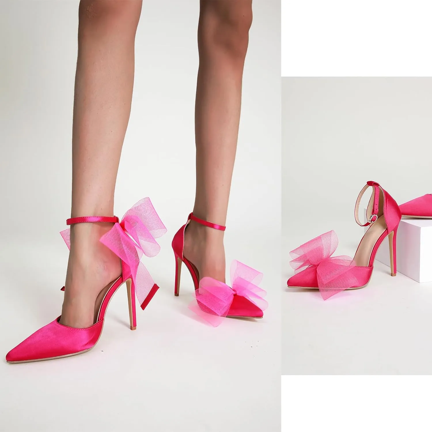 Women's Mesh Bow Tie Heels Ankle Strap Bow Satin Stiletto Pumps Closed Toe Pointed Toe Slingback High Heels Elegant Versatile Wedding Bridal Party Dress Shoes