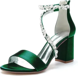 Women's Open Round Toe Block Heel Satin Crystal Rhinestone Ankle Strap Wedding Pump Shoes Chunky Heel Bridal Prom Heels Sandals