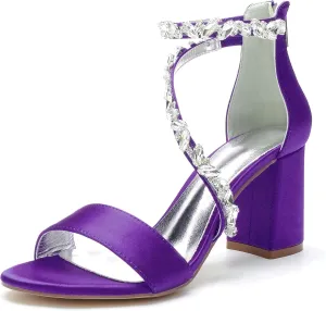 Women's Open Round Toe Block Heel Satin Crystal Rhinestone Ankle Strap Wedding Pump Shoes Chunky Heel Bridal Prom Heels Sandals