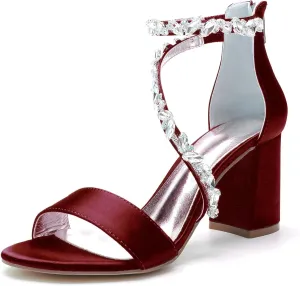 Women's Open Round Toe Block Heel Satin Crystal Rhinestone Ankle Strap Wedding Pump Shoes Chunky Heel Bridal Prom Heels Sandals