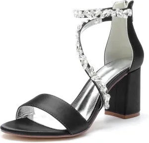 Women's Open Round Toe Block Heel Satin Crystal Rhinestone Ankle Strap Wedding Pump Shoes Chunky Heel Bridal Prom Heels Sandals