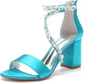 Women's Open Round Toe Block Heel Satin Crystal Rhinestone Ankle Strap Wedding Pump Shoes Chunky Heel Bridal Prom Heels Sandals