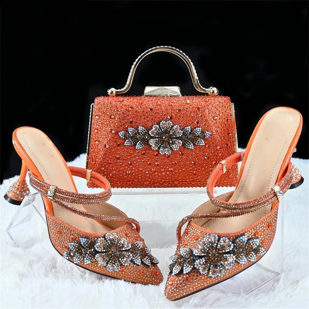 Women’S Orange Mature Style Shoes and Bag Set Pointed Toe Spike Heels Slip-On Slingbacks for Garden Party