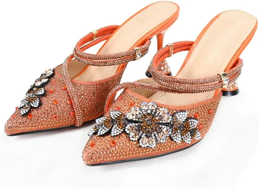 Women’S Orange Mature Style Shoes and Bag Set Pointed Toe Spike Heels Slip-On Slingbacks for Garden Party