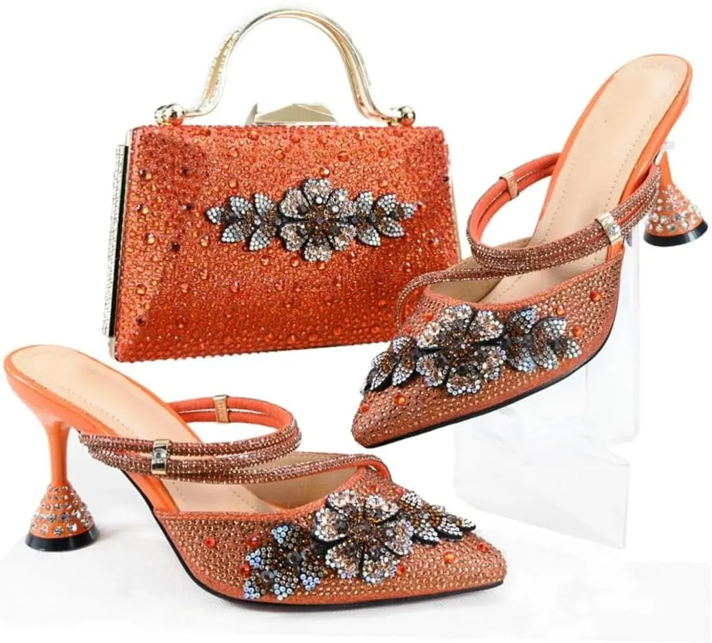Women’S Orange Mature Style Shoes and Bag Set Pointed Toe Spike Heels Slip-On Slingbacks for Garden Party