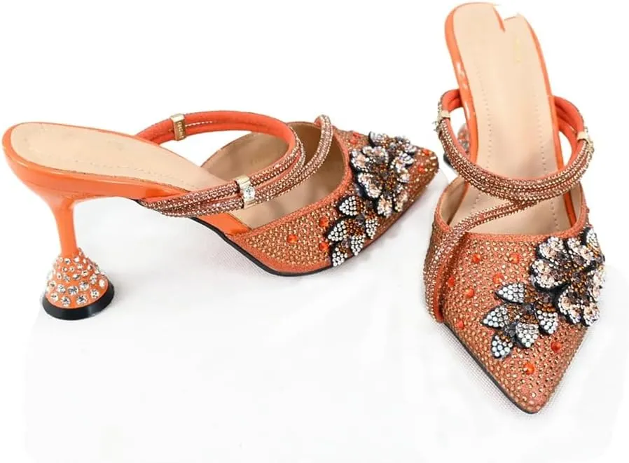 Women’S Orange Mature Style Shoes and Bag Set Pointed Toe Spike Heels Slip-On Slingbacks for Garden Party