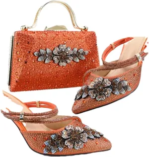 Women’S Orange Mature Style Shoes and Bag Set Pointed Toe Spike Heels Slip-On Slingbacks for Garden Party
