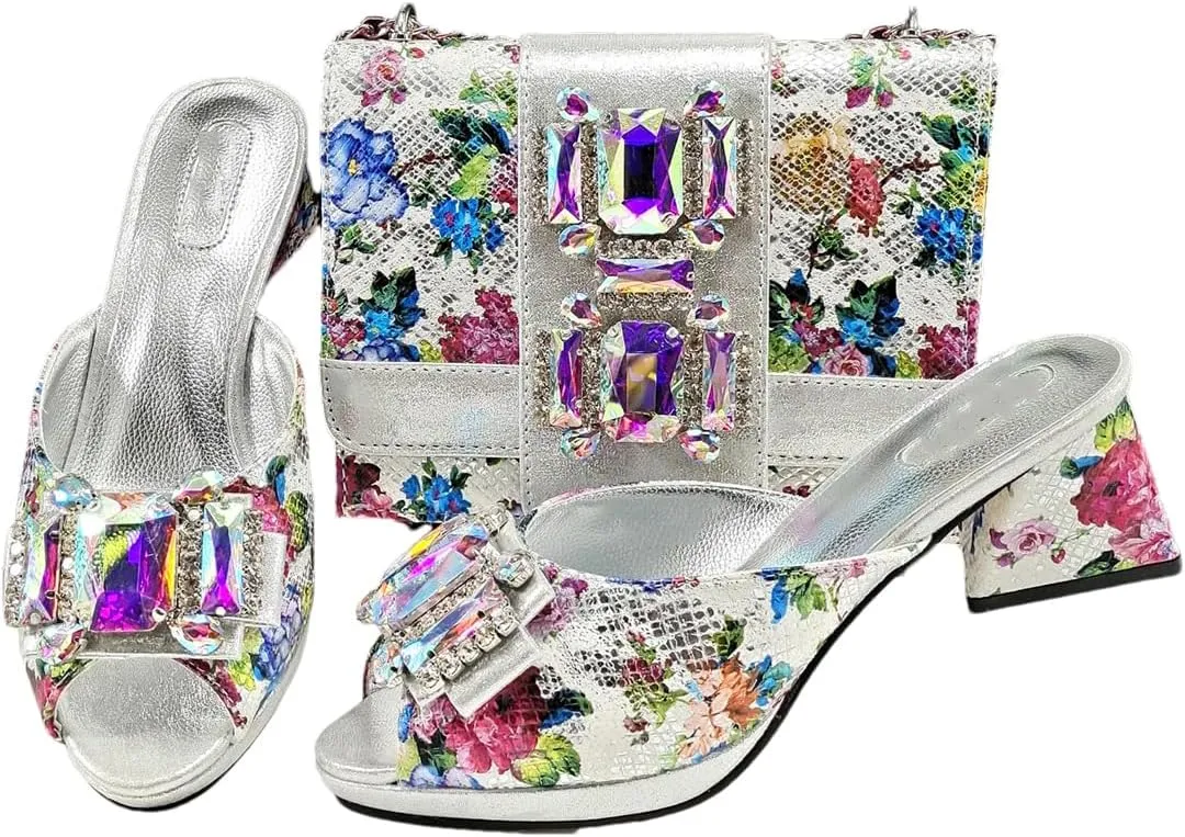 Women’S Peep Toe Rhinestone Sandals and Handbag Set with Platform Heel for Wedding and Party Wear