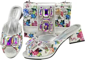 Women’S Peep Toe Rhinestone Sandals and Handbag Set with Platform Heel for Wedding and Party Wear