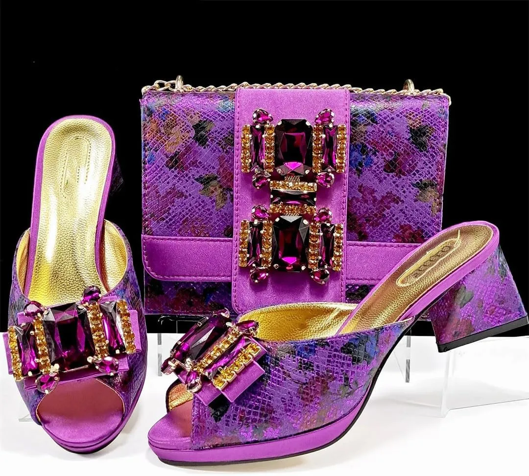 Women’S Peep Toe Rhinestone Sandals and Handbag Set with Platform Heel for Wedding and Party Wear