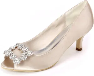 Women's Peep Toe Wedding Shoes for Bride Low Heels Bridal Shoes Satin Evening Party Pumps Sandals
