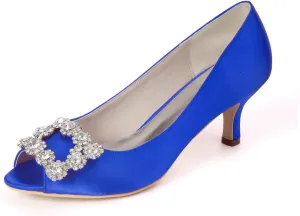 Women's Peep Toe Wedding Shoes for Bride Low Heels Bridal Shoes Satin Evening Party Pumps Sandals