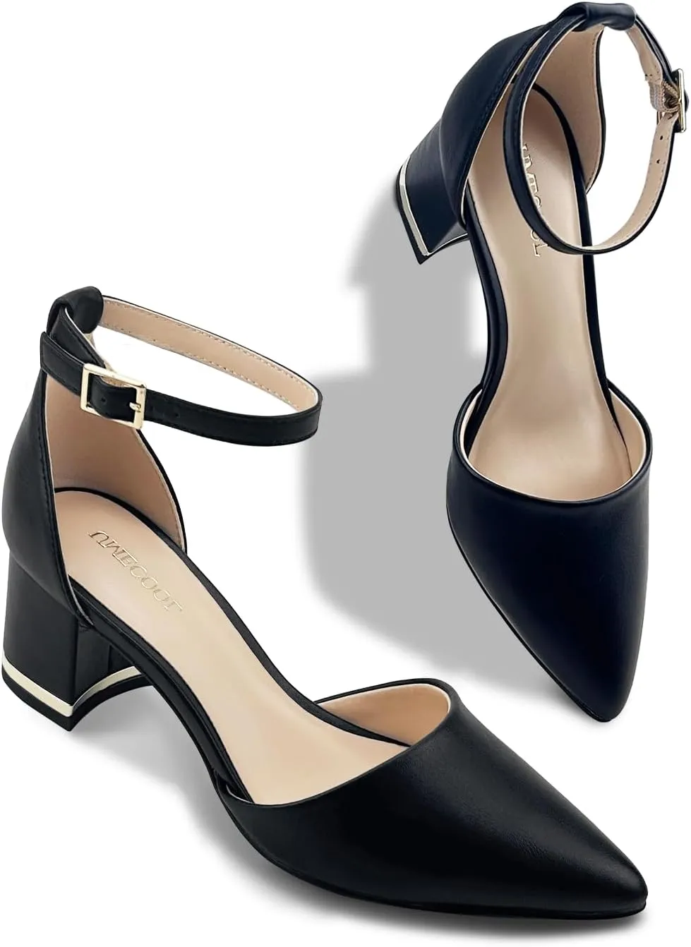 Women's Pointed Toe Low Chunky Heels Pump Shoes, Comfortable Heels for Women, Chunky Ankle Strap Dress Pumps Shoes for Wedding Office Party