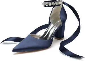 Women's Pointed Toe Pearl Wedding Shoes Thick heel Rhinestones Ribbon Bow tie High Heels Bridal Evening Party Dress Shoes