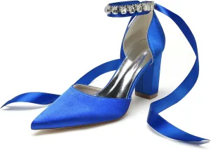 Women's Pointed Toe Pearl Wedding Shoes Thick heel Rhinestones Ribbon Bow tie High Heels Bridal Evening Party Dress Shoes