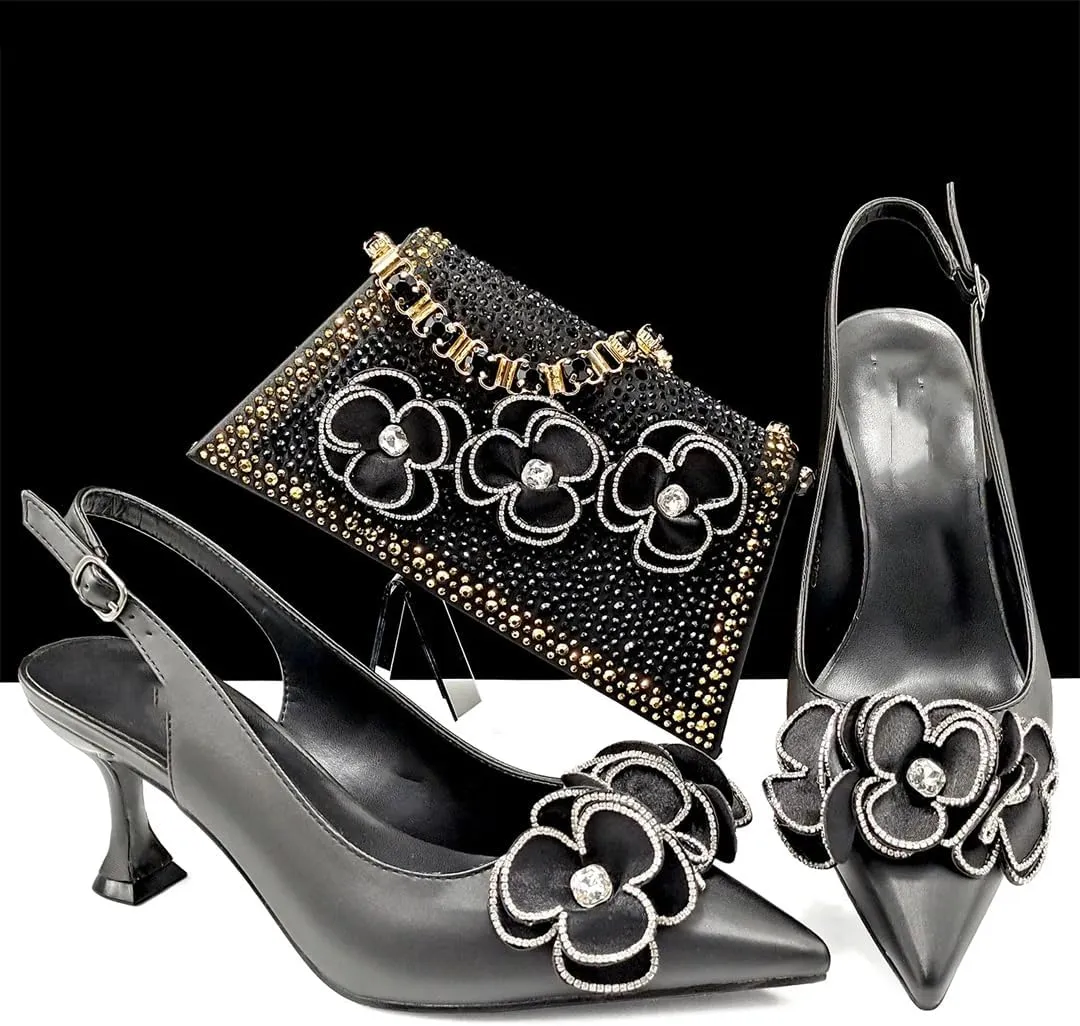 Women’S Pointed Toe Pumps and Bag Set for Office Wear with Square Heel and Stylish Accents