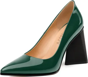 Women's Pumps, Pointed Toe Chunky Block Heel, Slip On Fashion Solid High Heel Shoes for Women