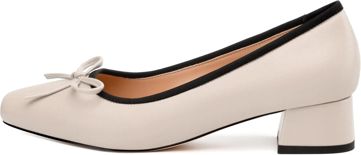 Womens Pumps, Square Toe Low Block Heel Pumps for Women, Leather Insole Comfort Daily Pump Shoes with Bow Tie 1.3"