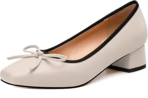 Womens Pumps, Square Toe Low Block Heel Pumps for Women, Leather Insole Comfort Daily Pump Shoes with Bow Tie 1.3"