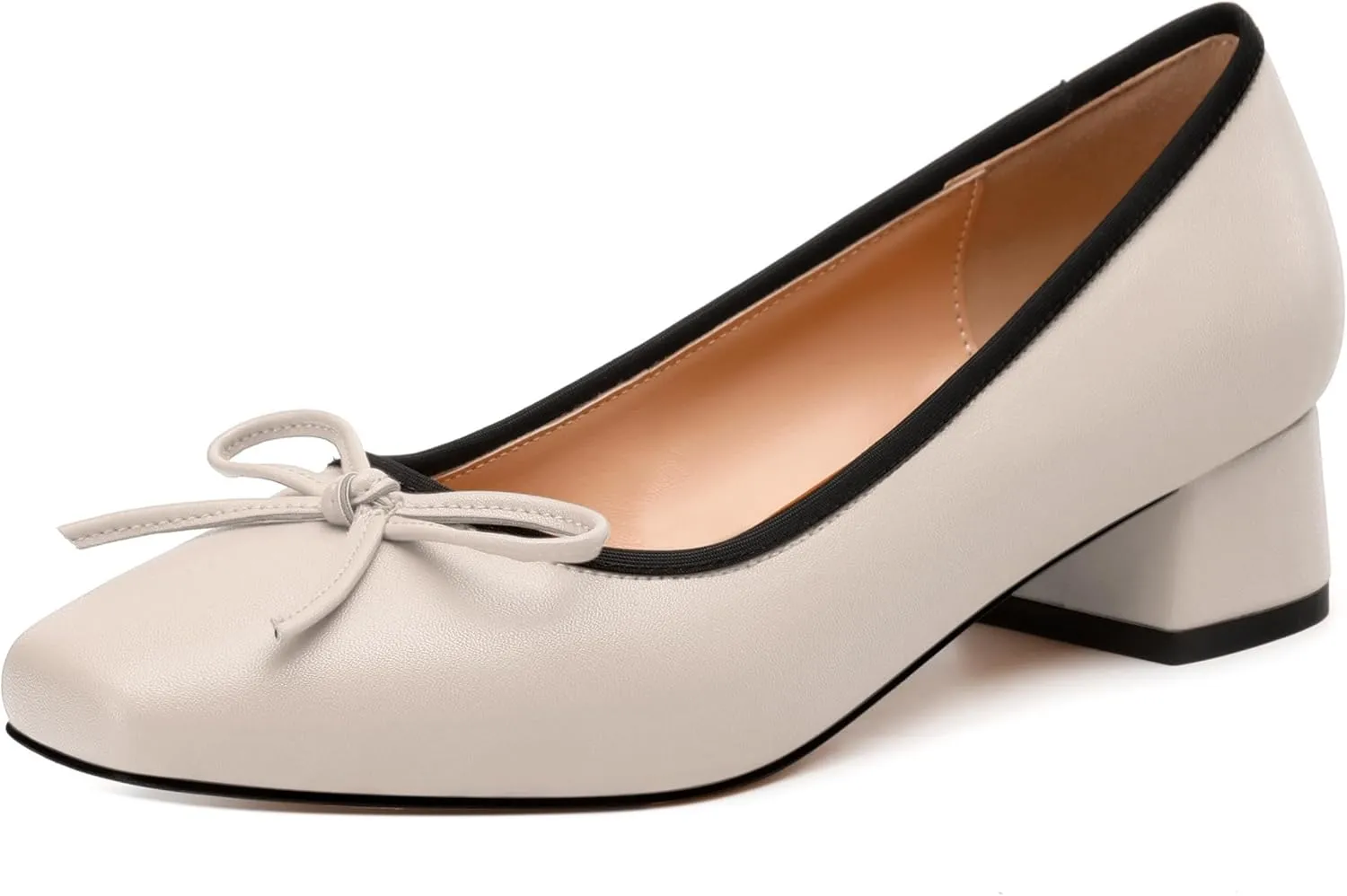 Womens Pumps, Square Toe Low Block Heel Pumps for Women, Leather Insole Comfort Daily Pump Shoes with Bow Tie 1.3"